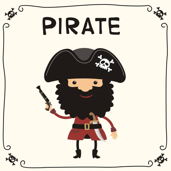 Bonito Engraçado Personagem Desenho Animado Pirata Com Barba Preta Chapéu —  Vetores de Stock