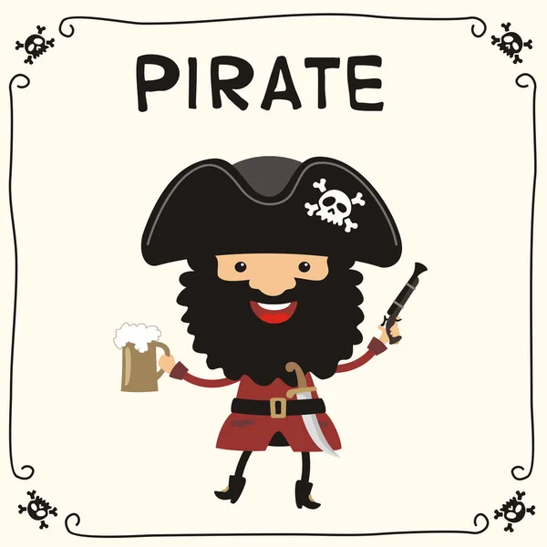 Милый Смешной Мультяшный Персонаж Пирата Черной Бородой Шляпе Пистолетом Кружкой — стоковый вектор