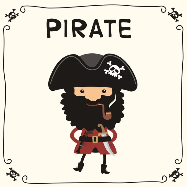 Personagem Engraçado Bonito Dos Desenhos Animados Pirata Com Barba Preta —  Vetores de Stock