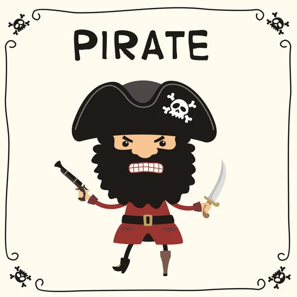 Милый Смешной Мультяшный Персонаж Злого Пирата Черной Бородой Шляпе Пистолетом — стоковый вектор