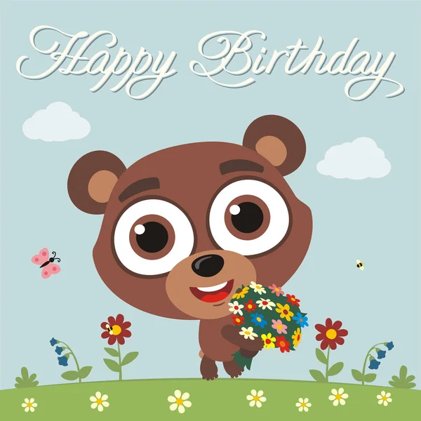 Greeting Card Cute Funny Cartoon Character Bear Big Eyes Holding — Stock Vector