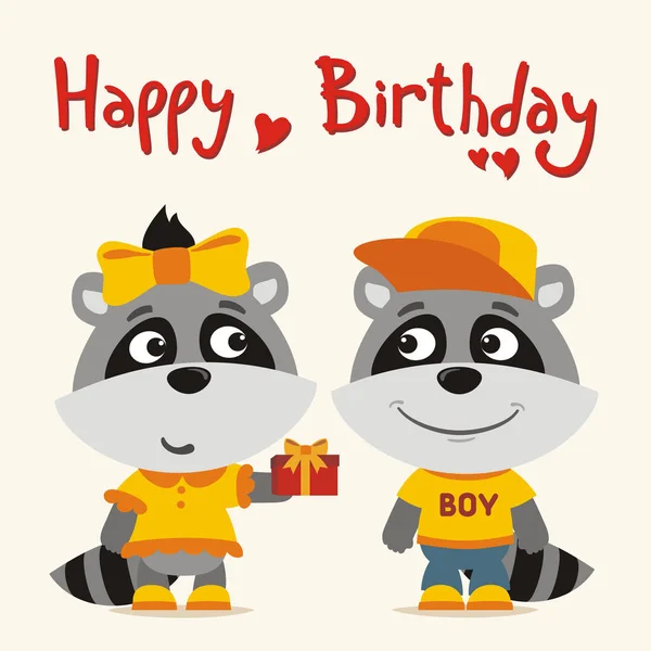 Greeting Card Cute Funny Cartoon Characters Funny Raccoon Girl Giving — Stock Vector