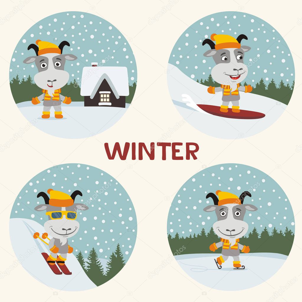 cute cartoon characters of goats doing winter sports on slopes 