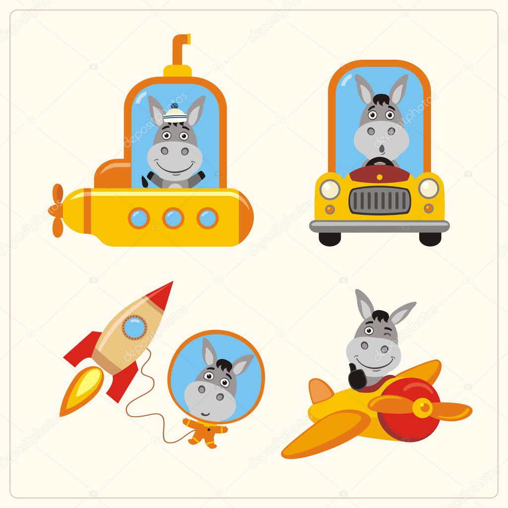 Set of funny donkeys in airplane and submarine in car and space rocket in cartoon style 