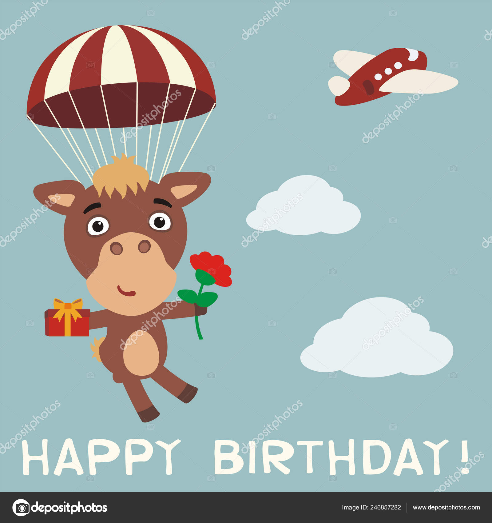 Gratulerer Kort Med Søt Tegneseriefigur Kamel Som Flyr Fallskjerm Med  stockvektor © dmitriy_d #246857282, image size:1600x1700