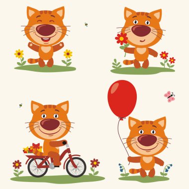 Balon ve bisiklet üzerinde çiçek ile kedi sevimli çizgi karakter kümesi 