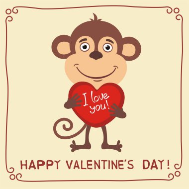 kalp ve metin mutlu Sevgililer günü tutan maymun şirin komik karikatür karakteri olan tebrik kartı  