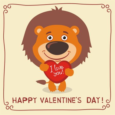 kalp ve metin mutlu Sevgililer günü tutan aslan şirin komik karikatür karakteri olan tebrik kartı  