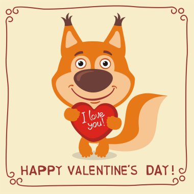 kalp ve metin mutlu Sevgililer günü tutan sincap şirin komik karikatür karakteri olan tebrik kartı  