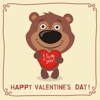 kalp ve metin mutlu Sevgililer günü tutan ayı şirin komik karikatür karakteri olan tebrik kartı  