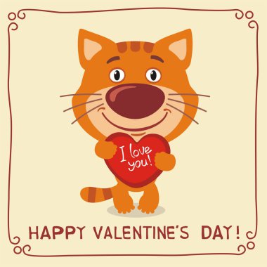 kalp ve metin mutlu Sevgililer günü elinde yavru kedi şirin komik karikatür karakteri olan tebrik kartı  