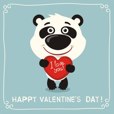 kalp ve metin mutlu Sevgililer günü tutan panda şirin komik karikatür karakteri olan tebrik kartı  
