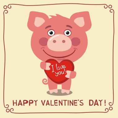 domuz kalp ve metin mutlu Sevgililer günü tutan şirin komik karikatür karakteri olan tebrik kartı  
