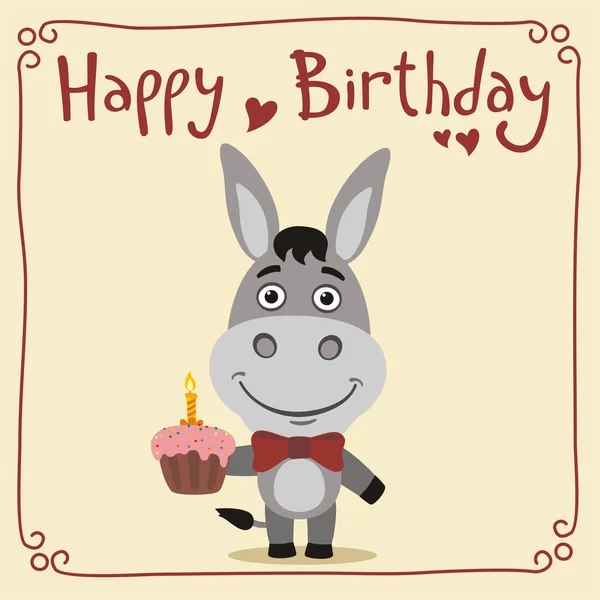 Greeting Card Cute Funny Cartoon Character Donkey Cupcake Text Happy — Stock Vector