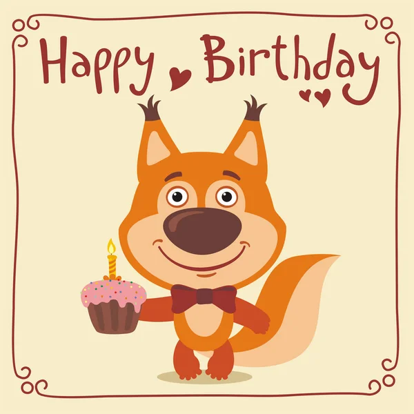 Greeting Card Cute Funny Cartoon Character Squirrel Cupcake Text Happy — Stock Vector