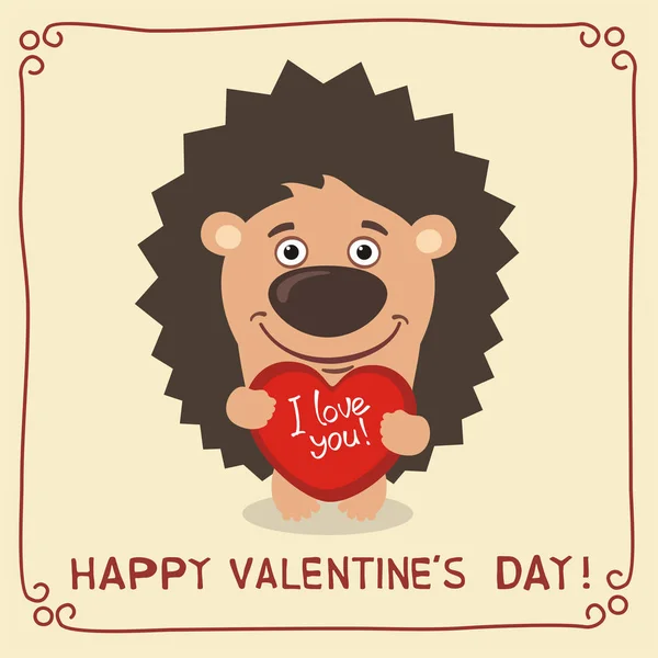 心と本文の幸せなバレンタインデーを保持しているハリネズミのかわいい面白い漫画のキャラクターとグリーティング カード — ストックベクタ