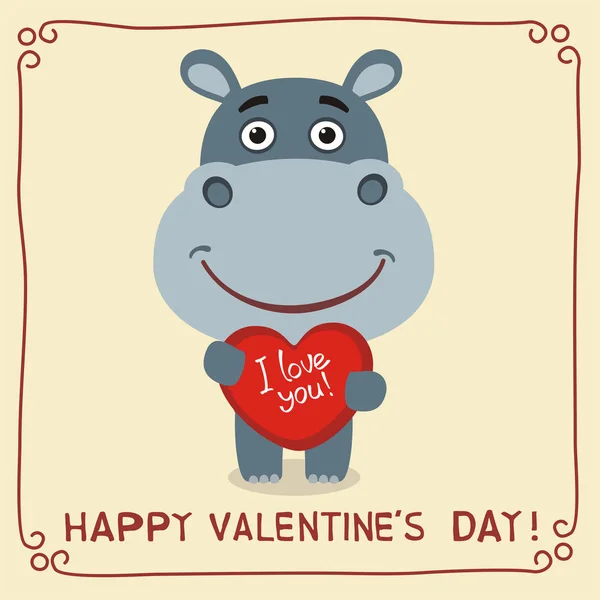 心と本文の幸せなバレンタインデーを保持しているカバのかわいい面白い漫画のキャラクターとグリーティング カード — ストックベクタ