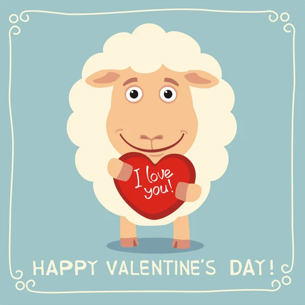 心と本文の幸せなバレンタインデーを保持している羊のかわいい面白い漫画のキャラクターとグリーティング カード — ストックベクタ