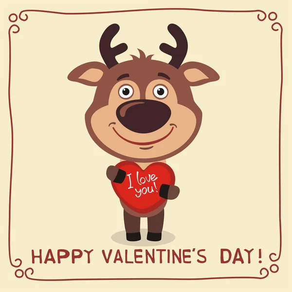 心と本文の幸せなバレンタインデーを保持している鹿のかわいい面白い漫画のキャラクターとグリーティング カード — ストックベクタ