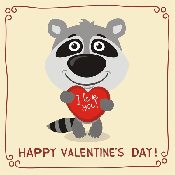 心と本文の幸せなバレンタインデーを保持しているアライグマのかわいい面白い漫画のキャラクターとグリーティング カード — ストックベクタ