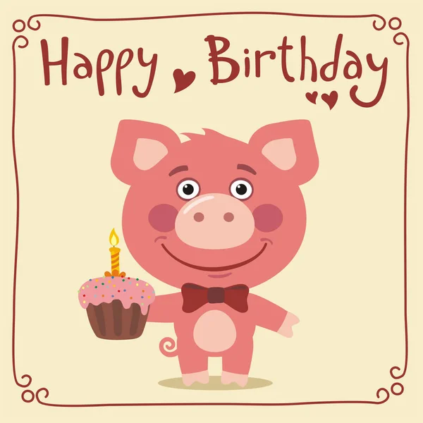 Greeting Card Cute Funny Cartoon Character Pig Cupcake Text Happy — Stock Vector