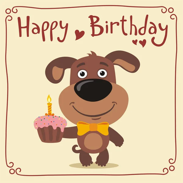 Greeting Card Cute Funny Cartoon Character Puppy Cupcake Text Happy — Stock Vector