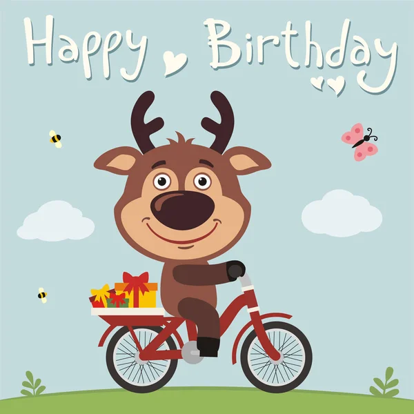 Greeting Card Cute Funny Cartoon Character Deer Bicycle Gifts Meadow — Stock Vector