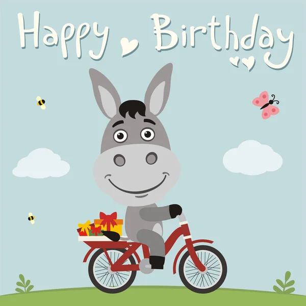 Greeting Card Cute Funny Cartoon Character Donkey Bicycle Gifts Meadow — Stock Vector