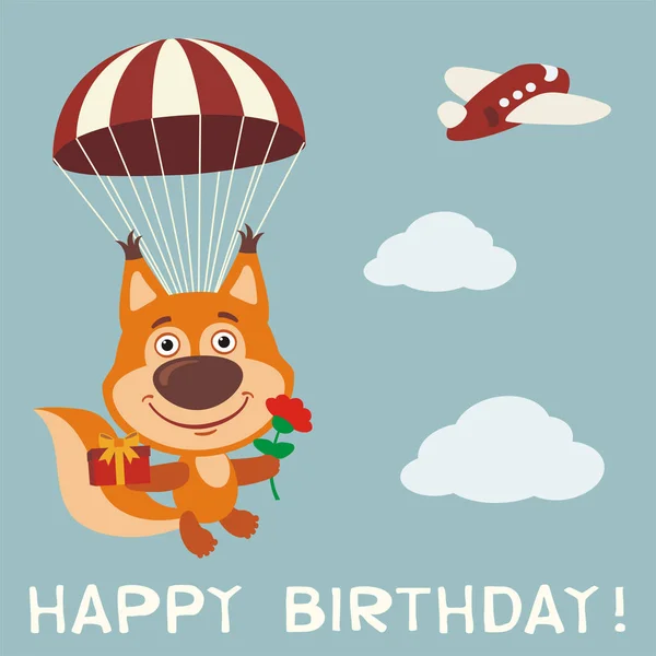 Greeting Card Cute Funny Cartoon Character Squirrel Flying Parachute Gift — Stock Vector