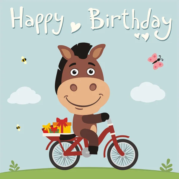 Greeting Card Cute Funny Cartoon Character Horse Bicycle Gifts Meadow — Stock Vector