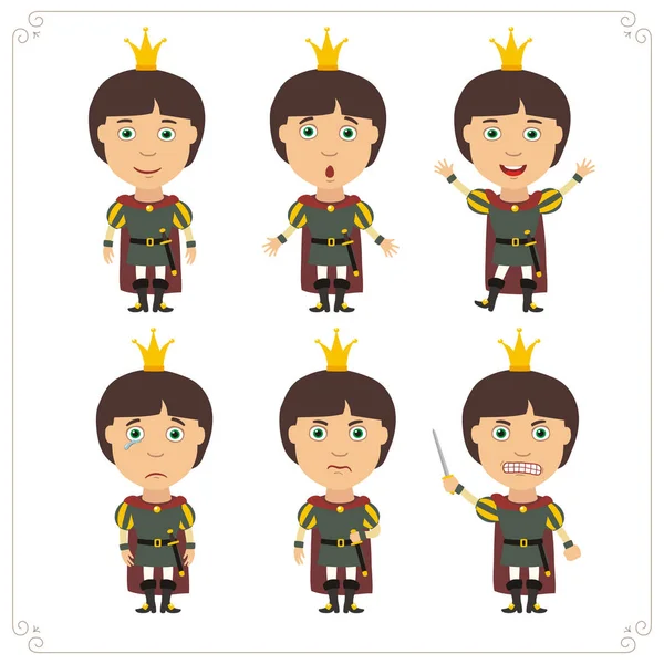 Cute Cartoon Characters Princes Crowns Different Emotions Isolated White Background — Stock Vector