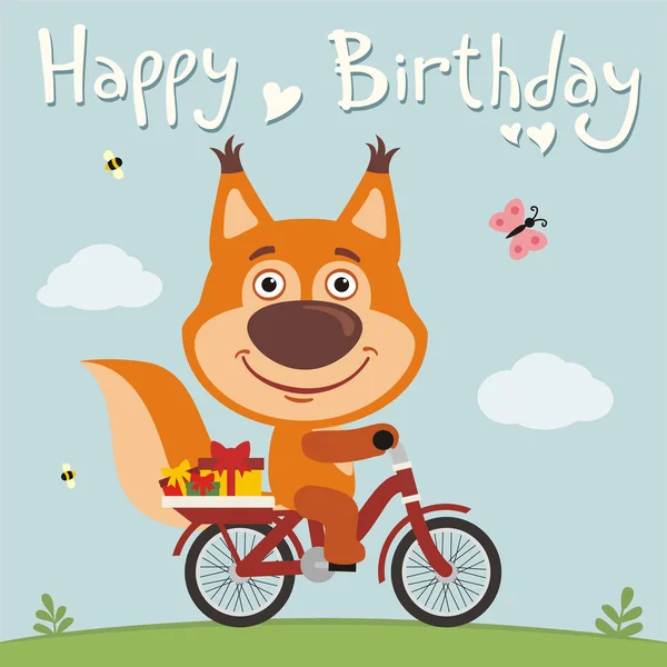 Greeting Card Cute Funny Cartoon Character Squirrel Bicycle Gifts Meadow — Stock Vector