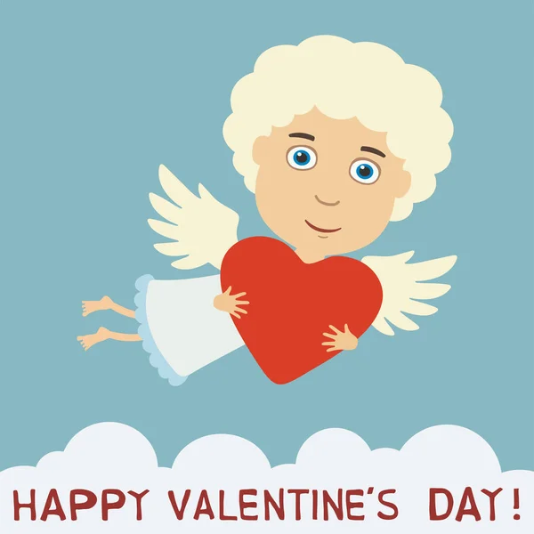 空と本文の幸せなバレンタインデー赤いハートと飛んでいる天使少年のかわいい漫画のキャラクターとグリーティング カード — ストックベクタ