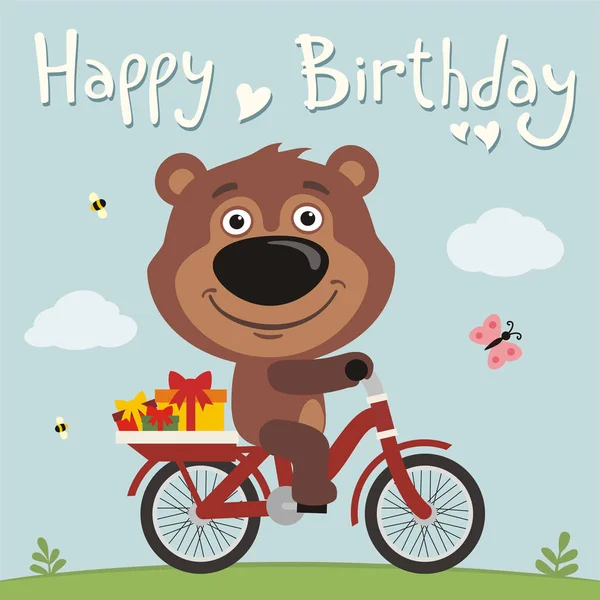 Greeting Card Cute Funny Cartoon Character Bear Bicycle Gifts Meadow — Stock Vector