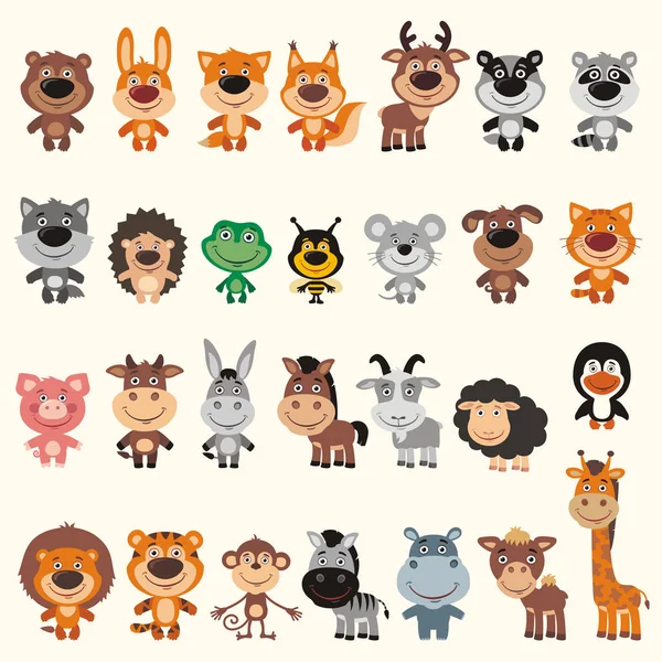 Big Set Funny Animals Cartoon Style Vector Illustration — Stock Vector