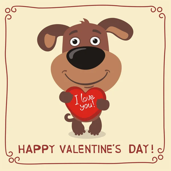 心と本文の幸せなバレンタインデーを保持している子犬のかわいい面白い漫画のキャラクターとグリーティング カード — ストックベクタ