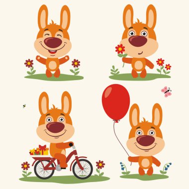 Tavşan balon ve bisiklet üzerinde çiçek ile sevimli çizgi karakter kümesi 
