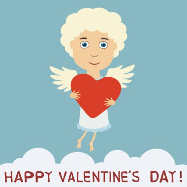 tebrik kartı ile sevimli çizgi film karakteri ile kırmızı kalp gökyüzü ve metin mutlu Sevgililer günü uçan melek çocuk   