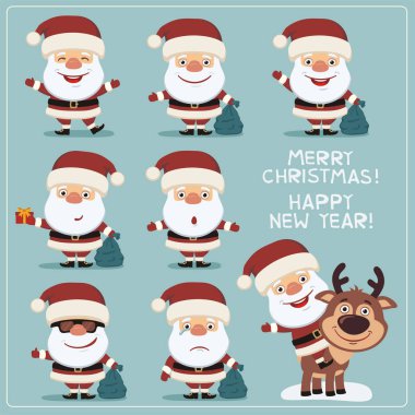 Noel Baba'nın kümesinde şapka çanta ve geyik ile neşeli Noel ve mutlu yeni yıl tebrik kartı