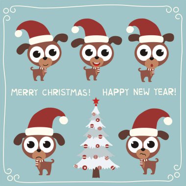 Noel Baba şapkaları köknar ağacı yakınındaki farklı duygular ile iri gözlü sevimli köpek dizi neşeli Noel ve mutlu yeni yıl tebrik kartı 