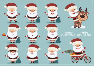 Noel Baba'nın kümesinde şapka çanta ile neşeli Noel ve mutlu yeni yıl tebrik kartı 