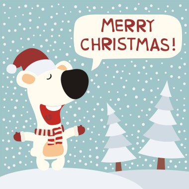 Sevimli çizgi karakter kırmızı Santa şapka ve atkı şarkı şarkı karlı çayır üzerinde ayı ile neşeli Noel tebrik kartı 