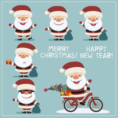 Noel Baba'nın kümesinde şapka çanta ile neşeli Noel ve mutlu yeni yıl tebrik kartı 