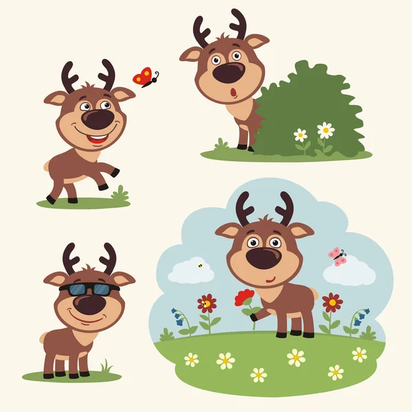 Set Cute Cartoon Characters Deer Enjoying Summer Different Poses Meadow — Stock Vector