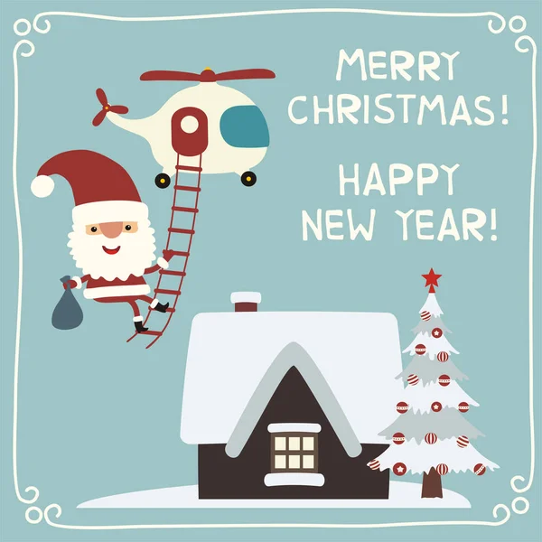 Neşeli Noel ve mutlu yeni yıl tebrik kartına Noel Baba ile helikopter ip merdiven evin üzerinde uçan 