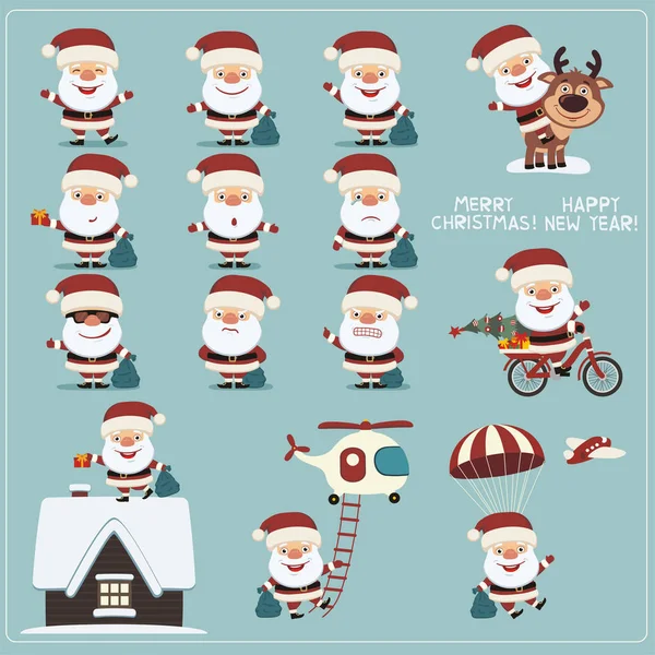 Veselé Vánoce Šťastný Nový Rok Pozdrav Card Sadou Santa Claus — Stockový vektor