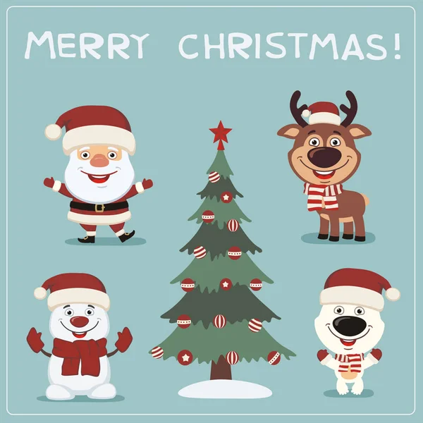 Feliz Navidad Feliz Año Nuevo Tarjeta Felicitación Con Santa Ciervos — Vector de stock