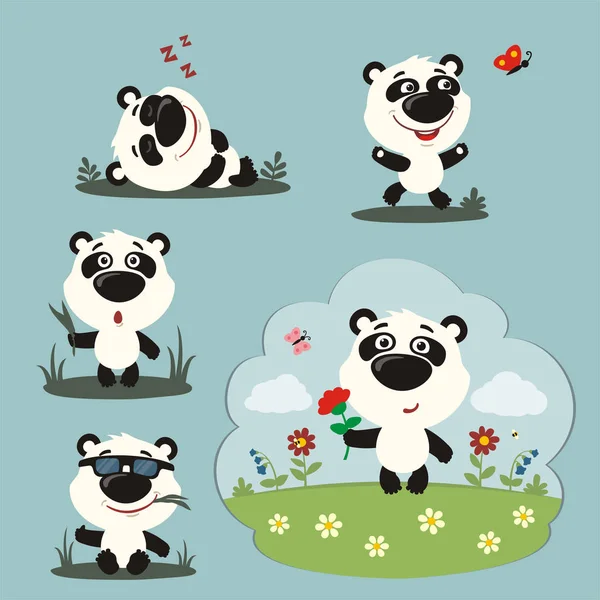Zestaw Znaków Kreskówka Niedźwiedzi Panda Korzystających Lato Różnych Pozach Łące — Wektor stockowy
