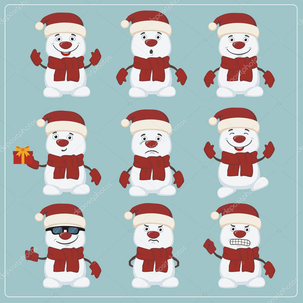 Merry Christmas and Happy New Year Greeting card with set of cute snowmen in Santa hats with different emotions 