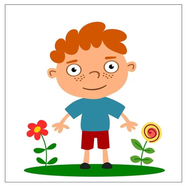 Niedliche Cartoon Figur Mit Rotem Haar Junge Auf Blumenwiese — Stockvektor